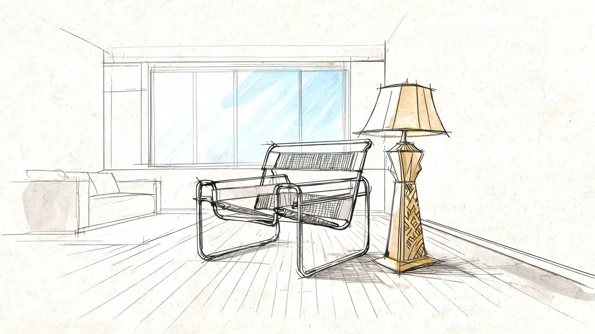 Un disegno a matita di una poltrona di design e una lampada moderna in un soggiorno luminoso.