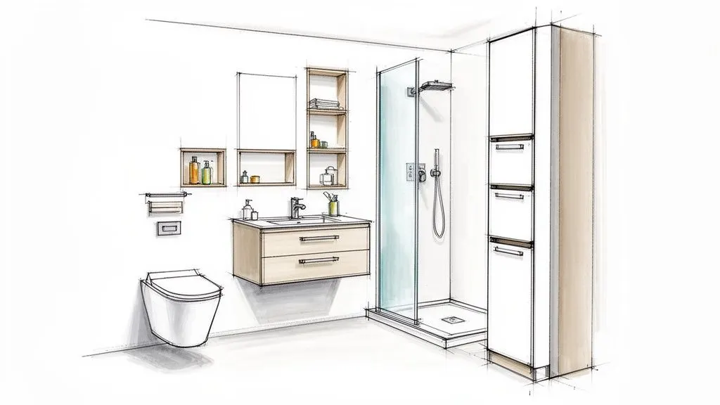 Schizzo di un bagno moderno con doccia, lavabo sospeso, wc e armadietti in legno.