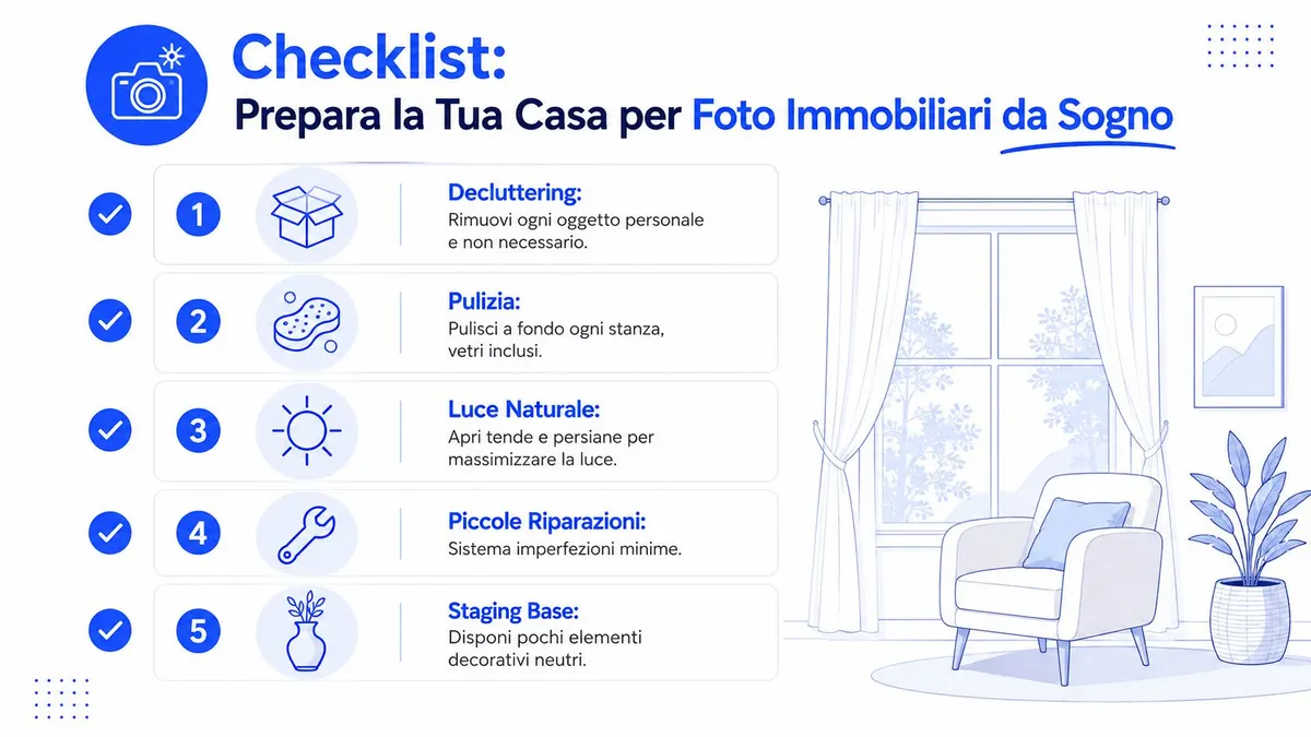 Una lista di controllo informativa che illustra cinque passaggi essenziali per preparare la propria casa per foto immobiliari professionali.