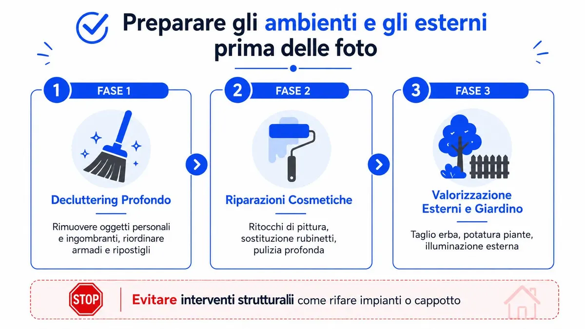 Infografica che illustra le tre fasi fondamentali per preparare interni ed esterni di una casa prima delle foto.