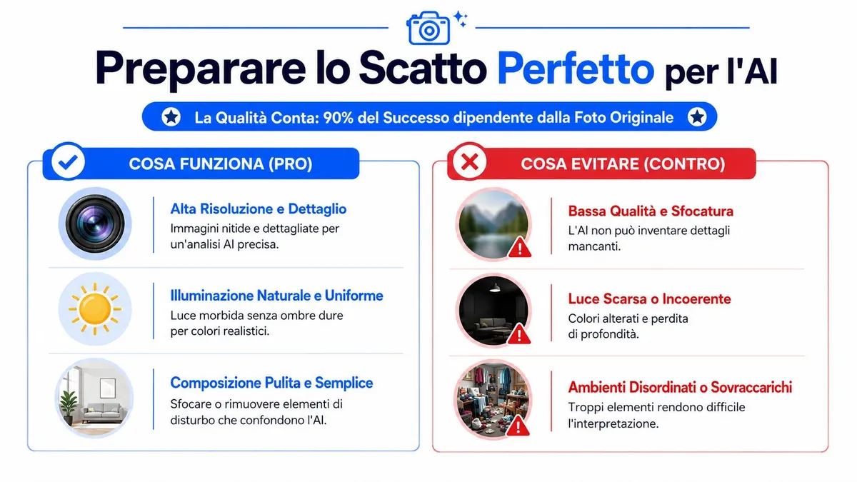 Infografica che mostra consigli su come scattare foto di alta qualità per l'elaborazione tramite intelligenza artificiale.
