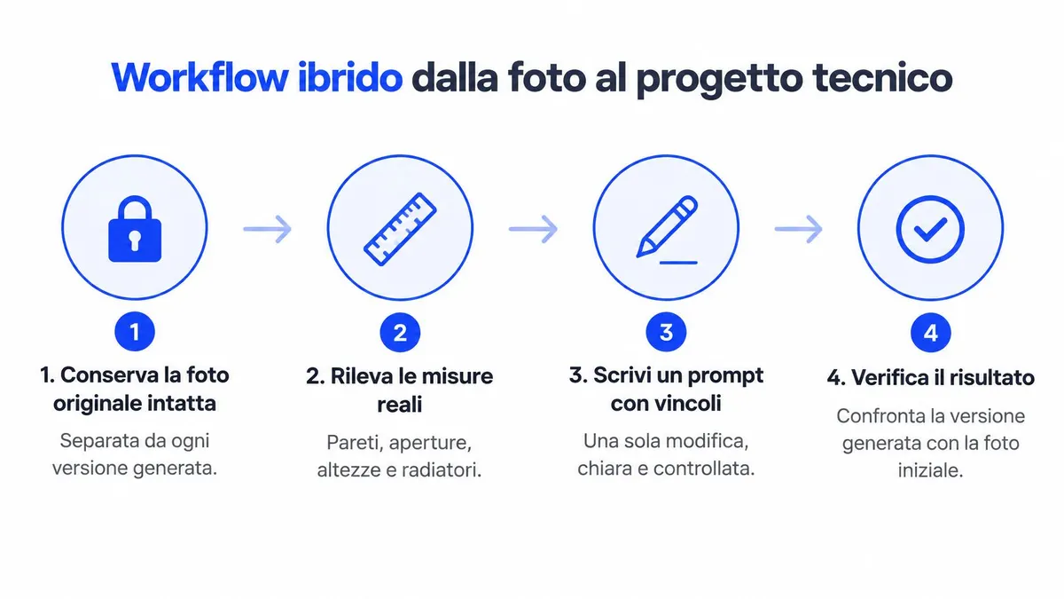 Infografica che illustra un workflow ibrido in quattro passaggi, dalla fotografia originale al progetto tecnico finale.