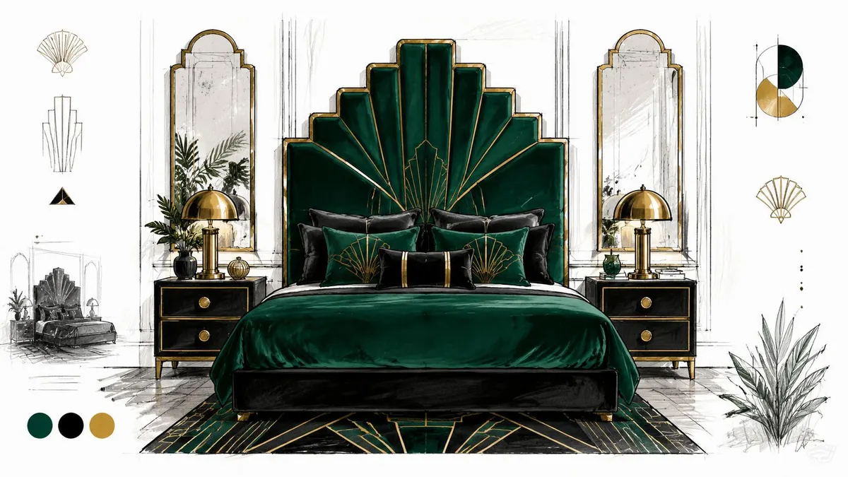 Una lussuosa camera da letto in stile art déco con testiera verde smeraldo e dettagli dorati eleganti.