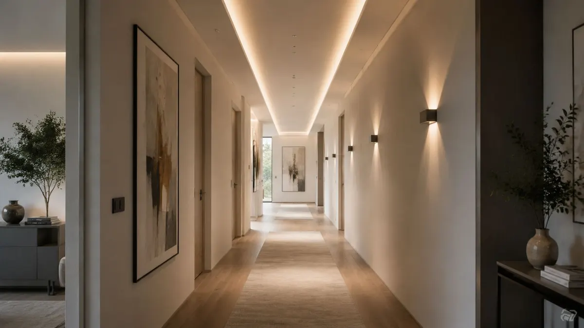 Un elegante corridoio lungo e luminoso con illuminazione a incasso, quadri astratti e arredi minimalisti moderni.