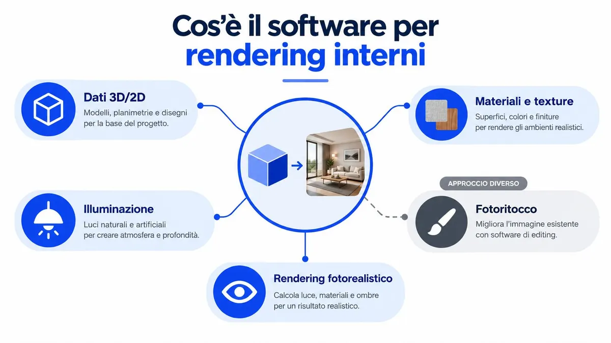 Schema grafico che spiega il funzionamento dei software per rendering di interni, inclusi dati 3D, luci e materiali.