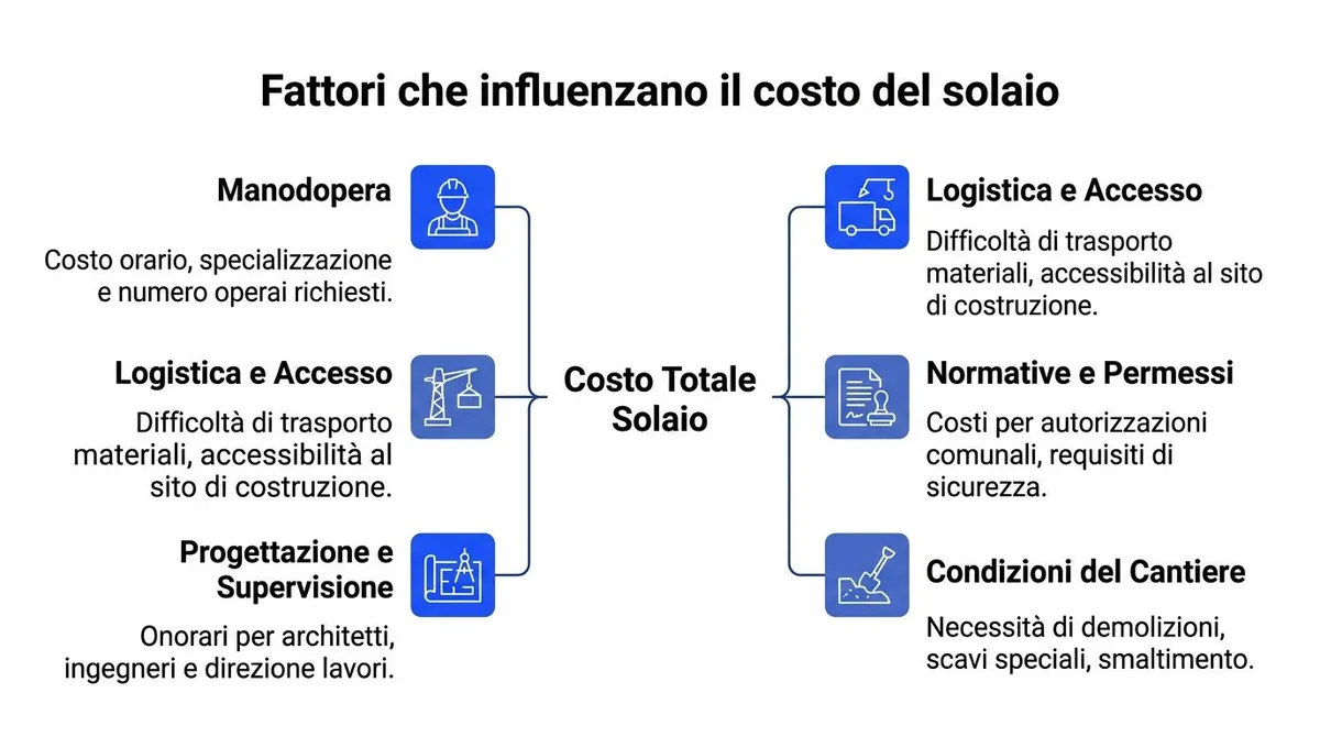 Schema grafico che illustra i principali fattori che influenzano il costo totale del solaio in edilizia.