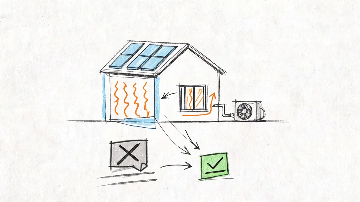Un disegno stilizzato che mostra il miglioramento dell'efficienza energetica di una casa tramite pannelli solari e pompe calore.