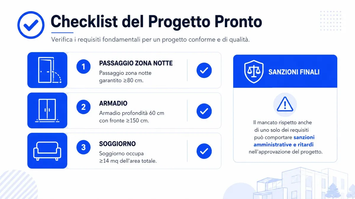 Una checklist con tre requisiti fondamentali per un progetto edilizio conforme, inclusi spazi minimi e normative.