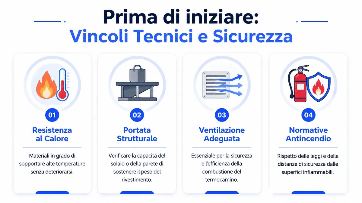 Infografica che elenca i quattro vincoli tecnici e di sicurezza per l'installazione di un rivestimento termocamino moderno.