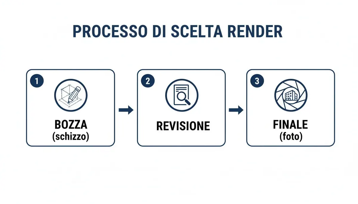 Infografica che illustra il processo di scelta di un render, dalla bozza alla revisione e al risultato finale.