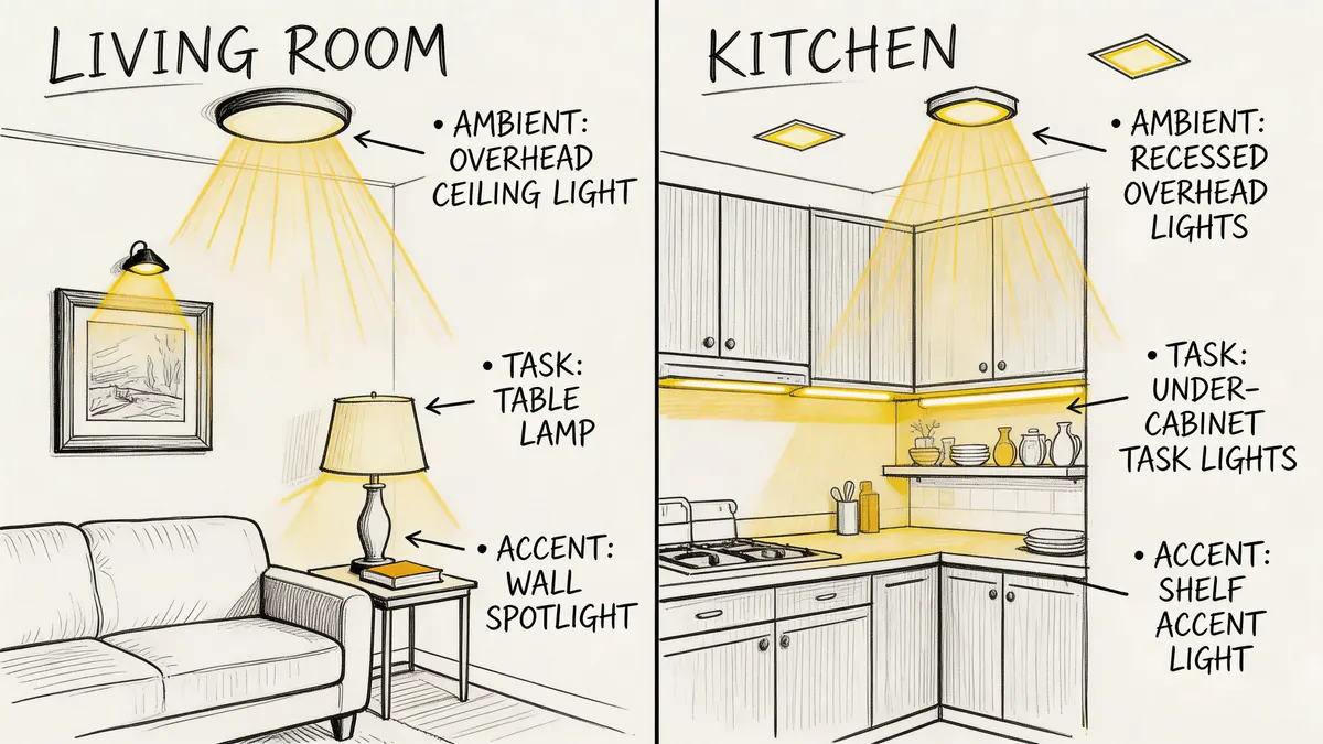 Illustrazione che mostra le diverse tipologie di illuminazione per soggiorno e cucina con esempi pratici e funzionali.