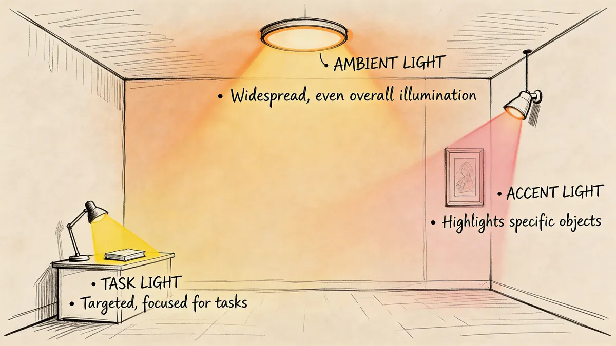 Un disegno illustrativo che mostra i tre tipi principali di illuminazione domestica: ambiente, compito e accento.