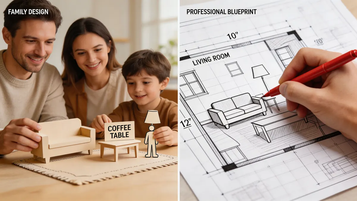 Una famiglia progetta la disposizione dei mobili mentre un professionista disegna una piantina 3D su un foglio.
