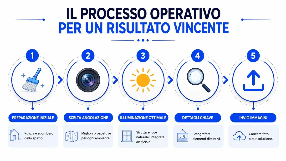 Un infografica sul processo operativo per ottenere risultati eccellenti nella fotografia di interni e home staging.