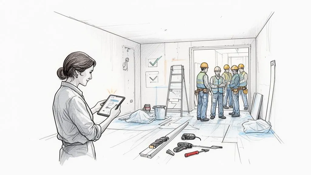 Una donna guarda un tablet in un cantiere, con operai edili che discutono in una stanza in ristrutturazione.