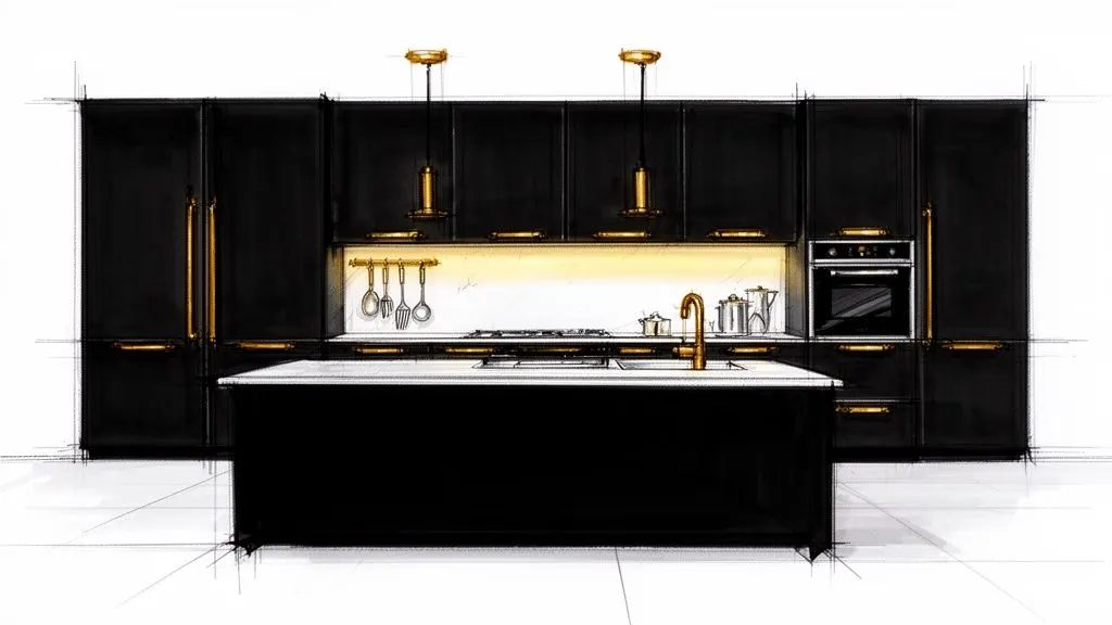 Cucina moderna nera con isola, elettrodomestici integrati e dettagli dorati lucidi.