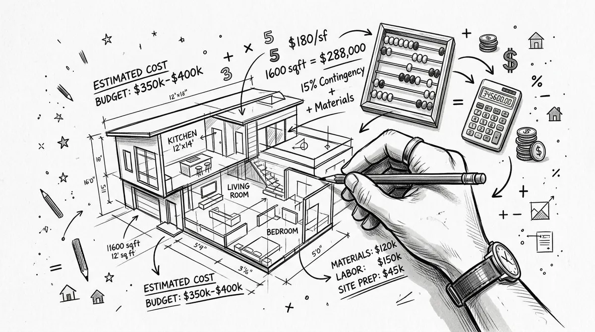 Illustrazione architettonica che mostra una mano che disegna una casa con stime dei costi e calcoli finanziari.