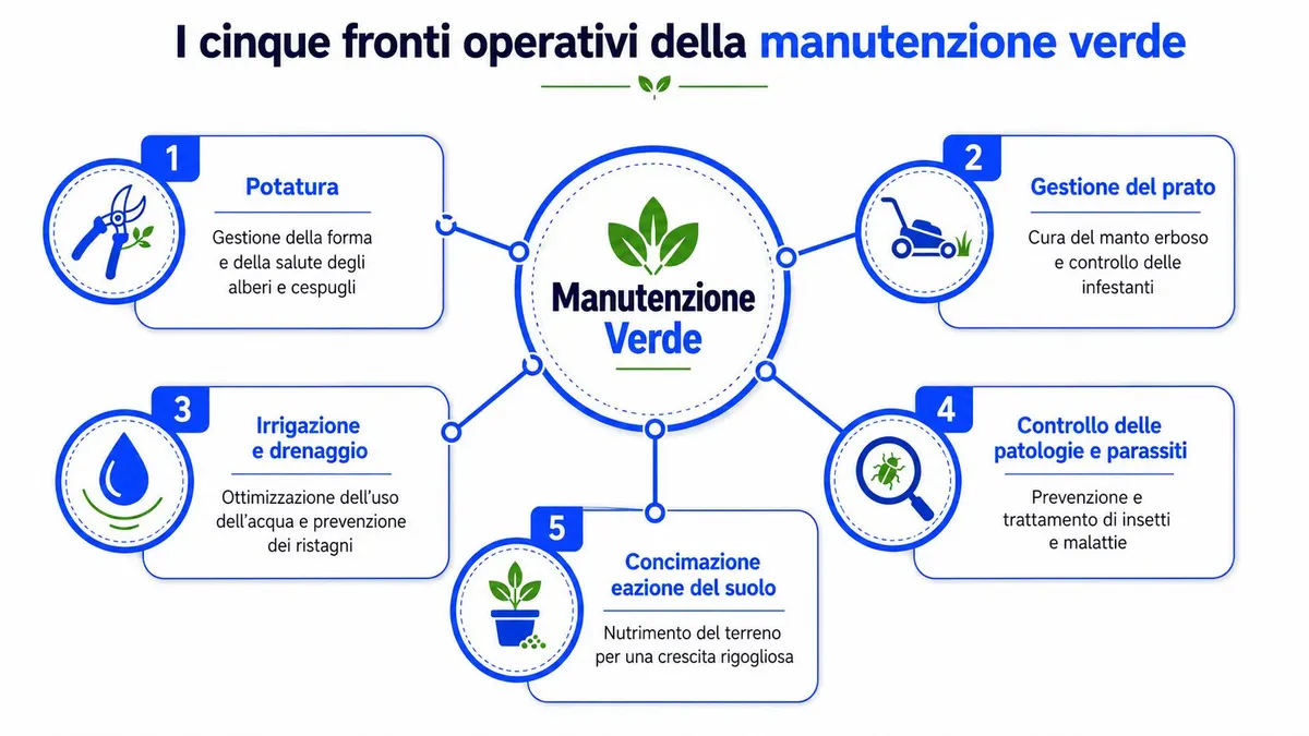 Schema grafico dei cinque fronti operativi fondamentali per la manutenzione professionale delle aree verdi.