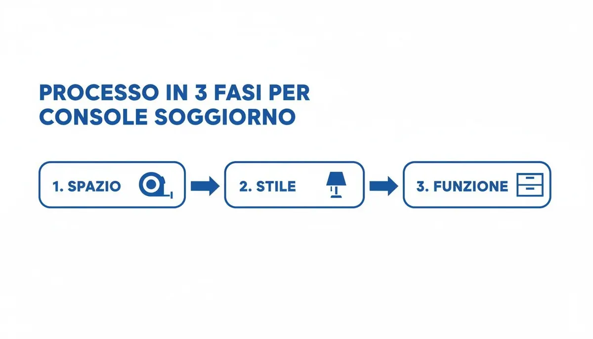 Infografica del processo in 3 fasi per scegliere una console da soggiorno: spazio, stile, funzione.