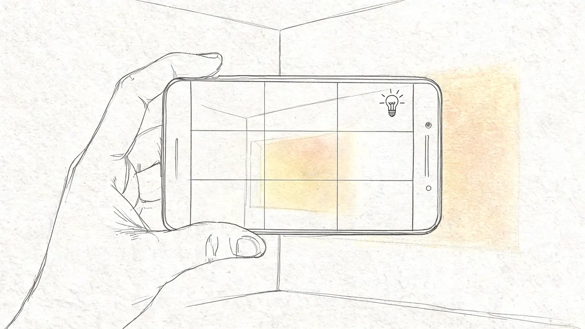 Una mano che regge uno smartphone che utilizza un'app per visualizzare colori sulle pareti di casa.