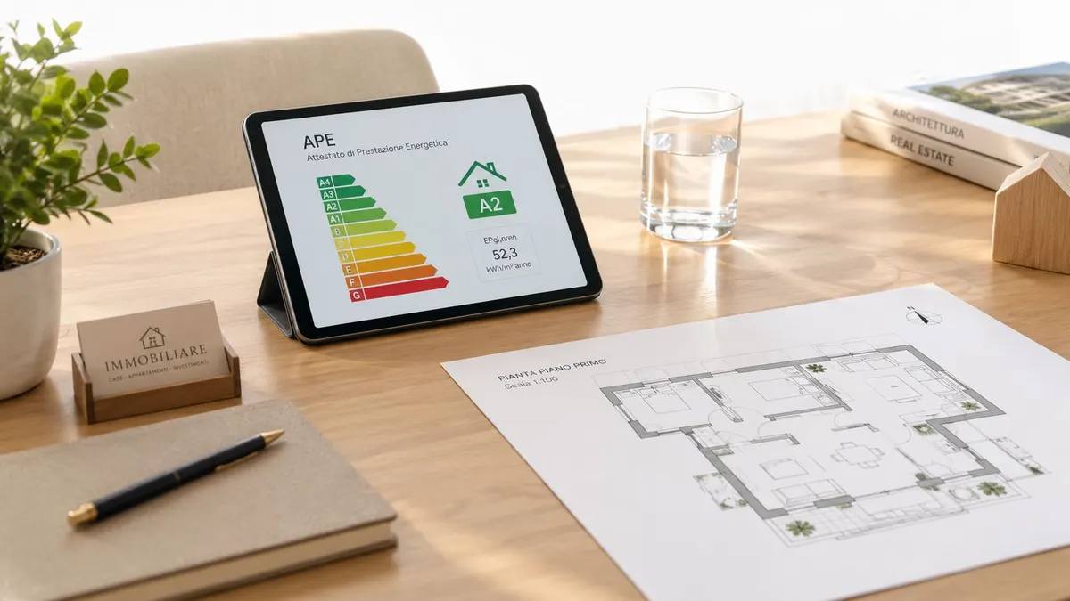 Tablet che mostra l'attestato di prestazione energetica A2 accanto a una planimetria su scrivania in legno.