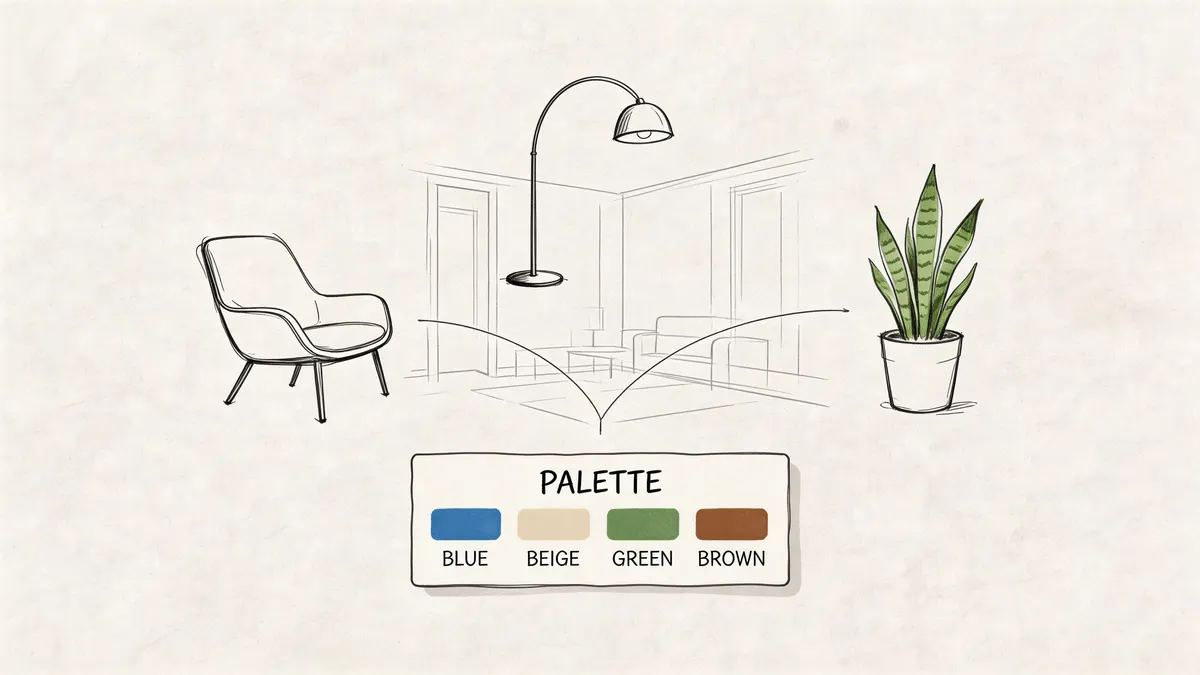 Illustrazione concettuale che mostra una poltrona, una lampada e una pianta con una tavolozza di colori specifica.