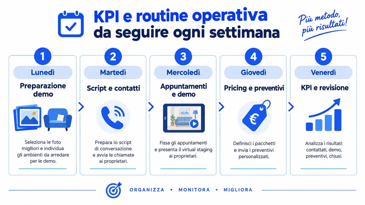 Un programma settimanale di KPI e routine operativa per ottimizzare l'acquisizione di mandati tramite il virtual staging.