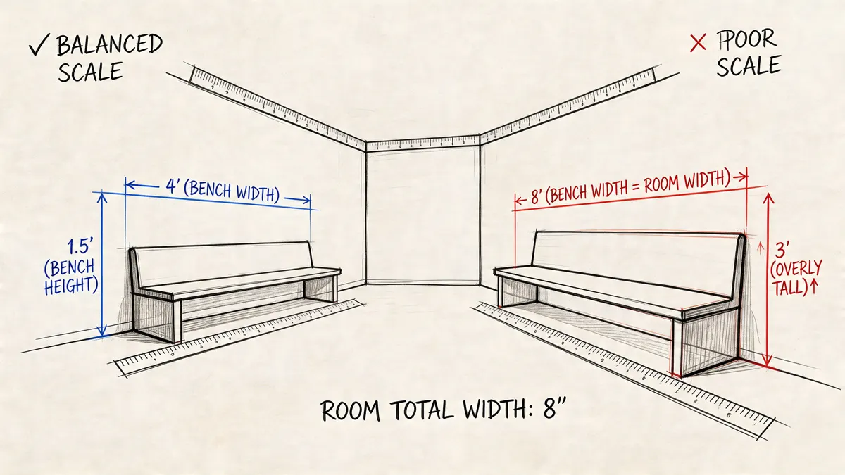 Illustrazione a confronto che mostra la scala equilibrata e sproporzionata delle panche in una stanza.