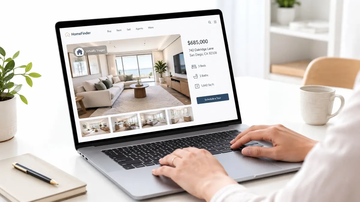 Una persona che utilizza un computer portatile per cercare una casa su un sito immobiliare online.