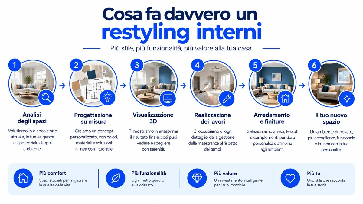 Infografica che spiega le sei fasi del processo di restyling di interni per migliorare le abitazioni.