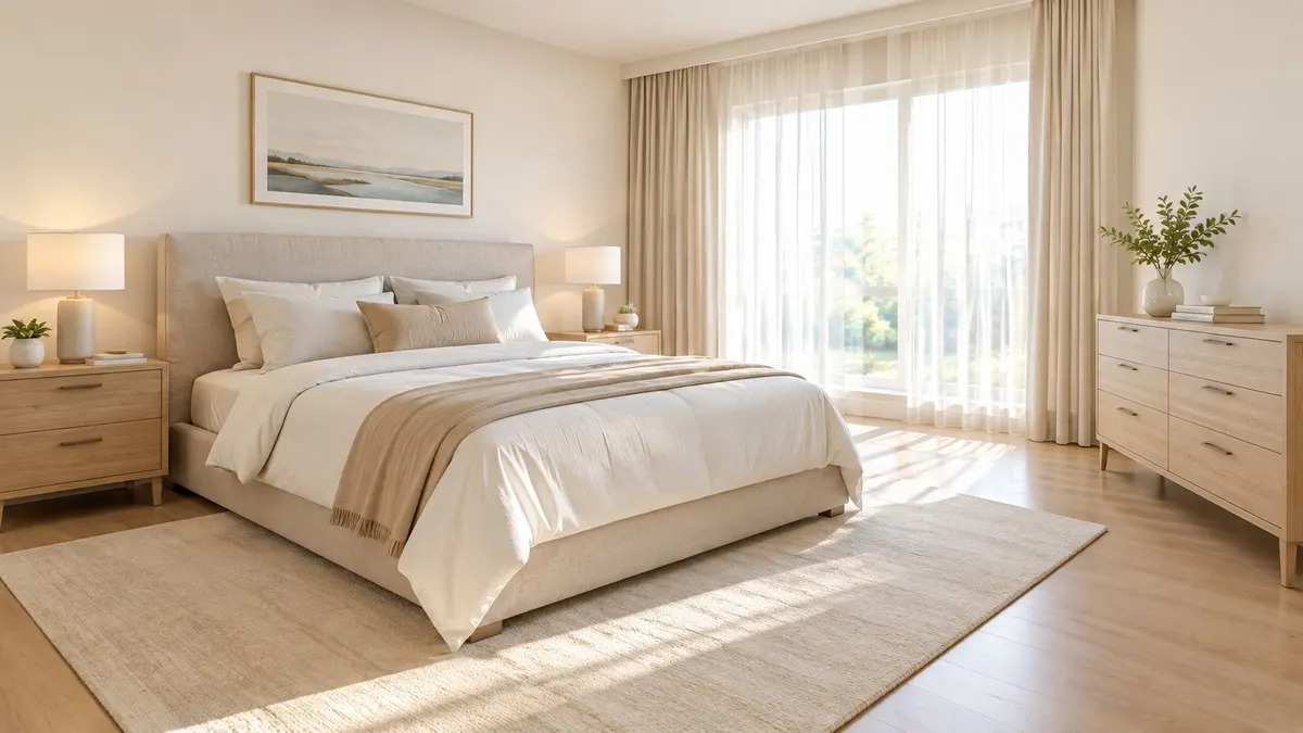 Camera da letto moderna e luminosa con arredamento dai colori neutri, letto matrimoniale, tende eleganti e mobili in legno.