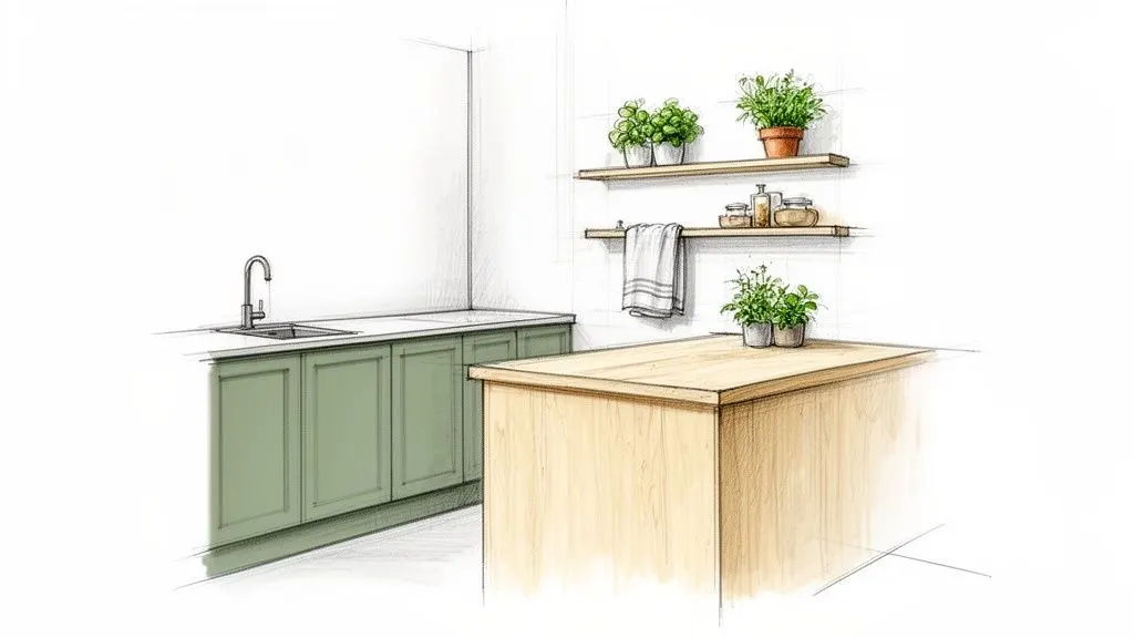 Disegno schizzo di una cucina moderna con mobili verdi, isola in legno, lavello e mensole con piante.