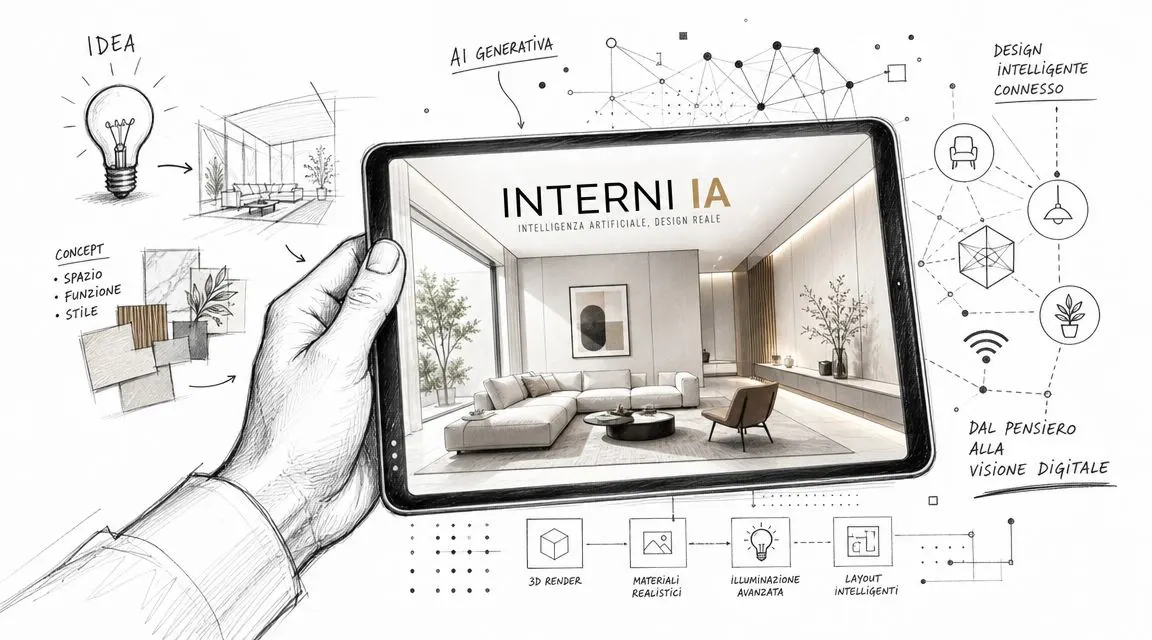 Una mano tiene un tablet che mostra un moderno design di interni generato tramite intelligenza artificiale.