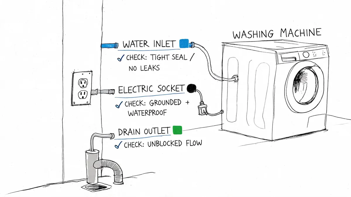 Diagramma illustrato che mostra i collegamenti corretti per l'installazione di una lavatrice in un bagno.