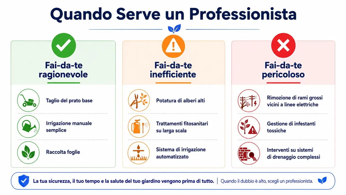 Infografica che mostra le attività di giardinaggio suddivise tra fai-da-te sicuro, inefficiente o pericoloso con suggerimenti.