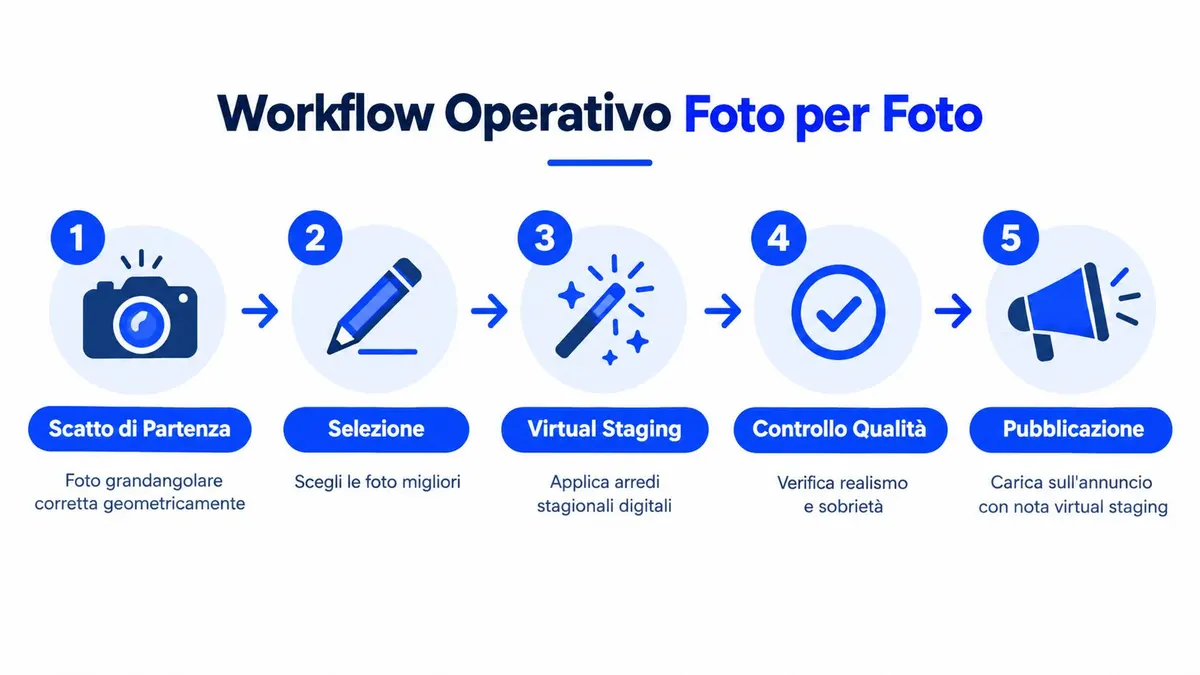 Infografica del workflow operativo per il virtual staging stagionale, illustrata con cinque passaggi dalla fotografia alla pubblicazione.