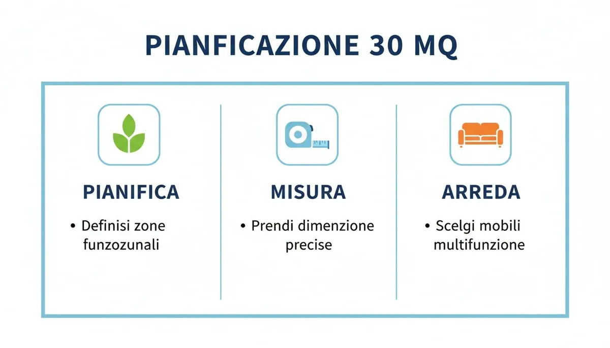 Infografica che presenta i tre passaggi fondamentali per la pianificazione di un open space di 30 mq: pianifica, misura, arreda.