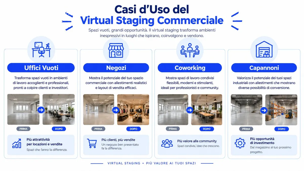 Infografica sui casi d'uso del virtual staging commerciale per uffici, negozi, coworking e capannoni industriali.