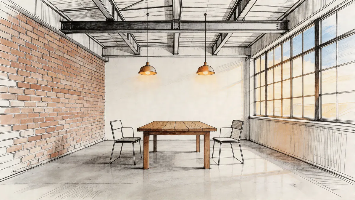 Interno di un loft in stile industriale con pareti in mattoni, tavolo in legno e luci calde.