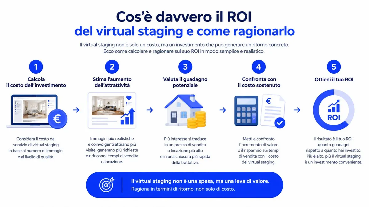 Infografica che spiega i cinque passaggi per calcolare il ritorno sull'investimento del virtual staging immobiliare.