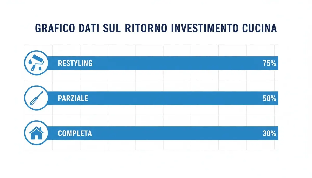 Grafico a barre sul ritorno dell'investimento per la ristrutturazione della cucina: restyling 75%, parziale 50%, completa 30%.