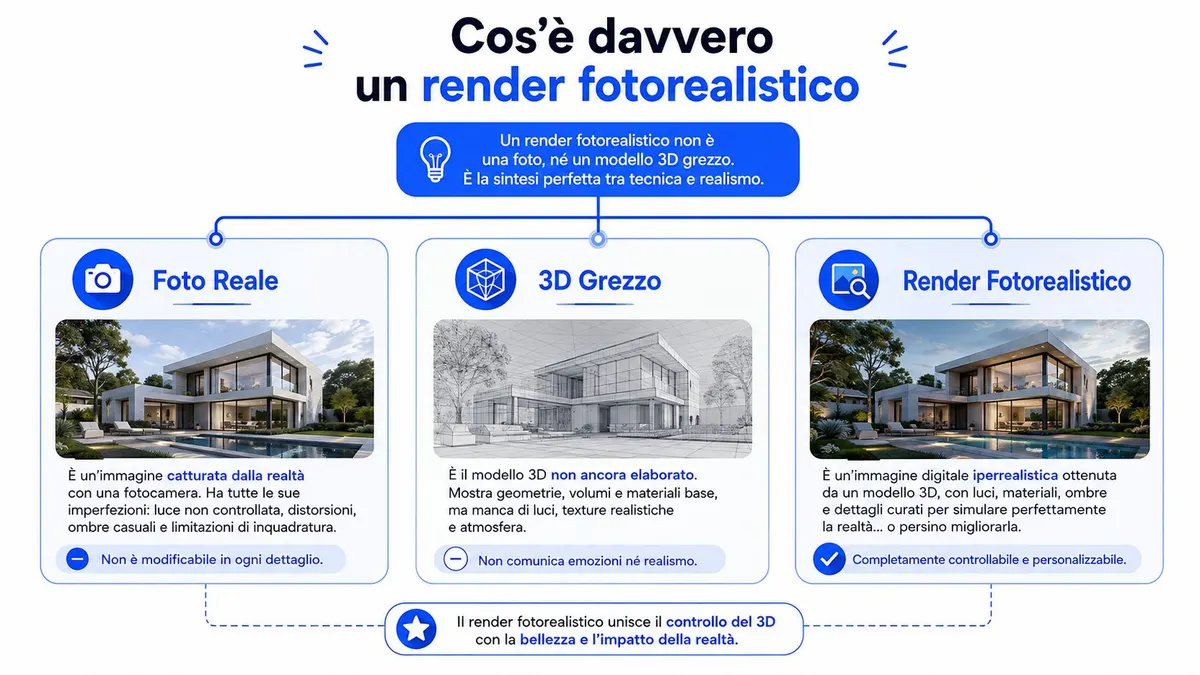 Un'infografica che spiega la differenza tra una foto reale, un modello 3D grezzo e un render fotorealistico professionale.