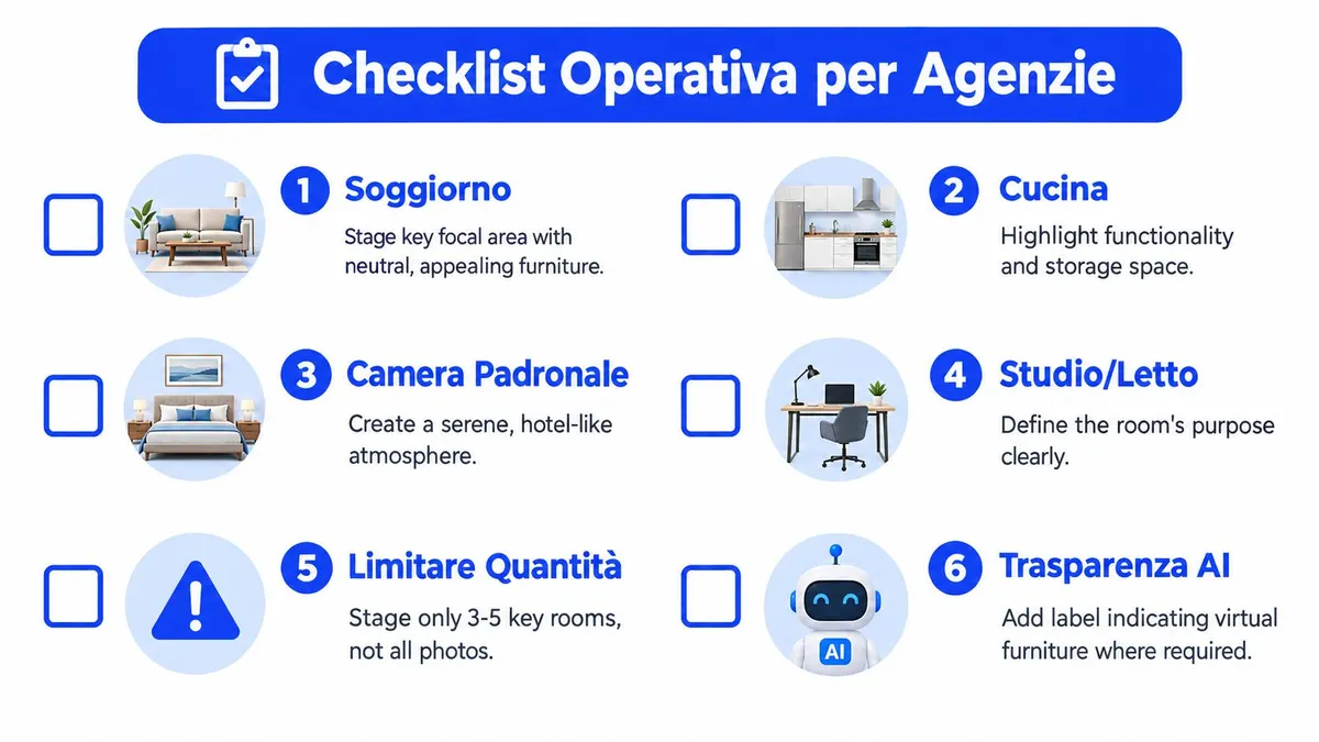 Una checklist operativa che illustra i passaggi chiave per il virtual staging professionale degli immobili.