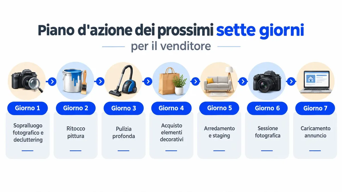 Piano d'azione settimanale con sette passi per preparare un appartamento alla vendita immobiliare in modo professionale.