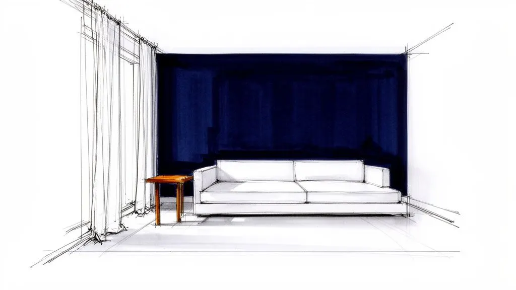 Schizzo dettagliato di un moderno soggiorno con divano bianco, parete blu scuro e tendaggi.