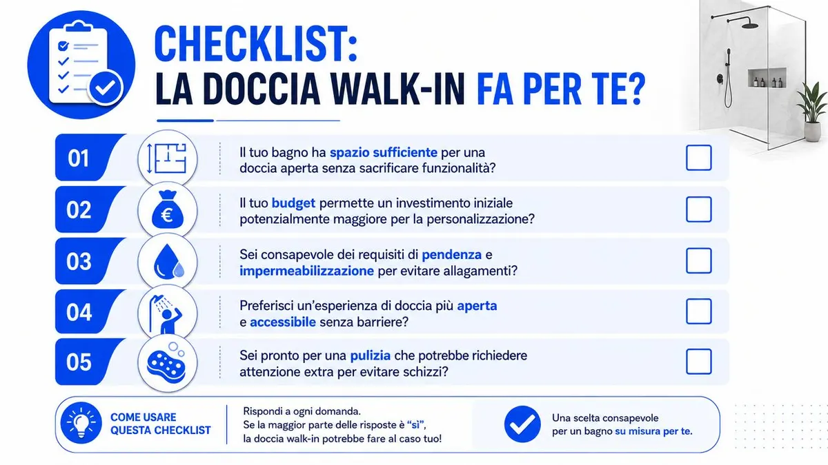 Una lista di controllo informativa per valutare se installare una doccia walk-in nel tuo bagno domestico.