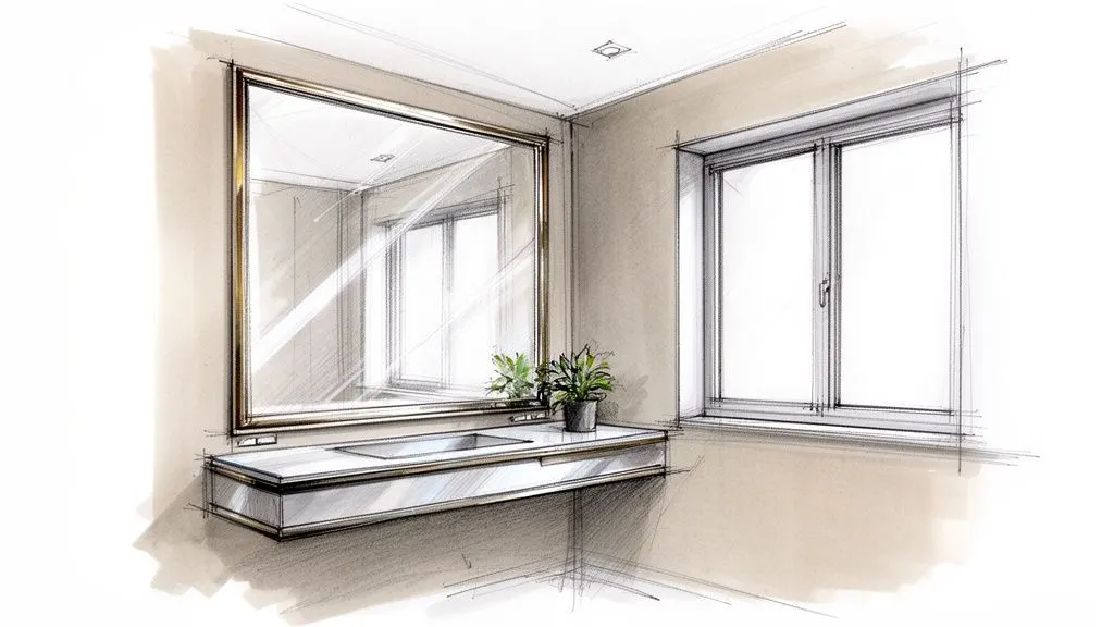 Schizzo dettagliato di un bagno moderno con grande specchio, lavabo sospeso, piante e finestra luminosa.