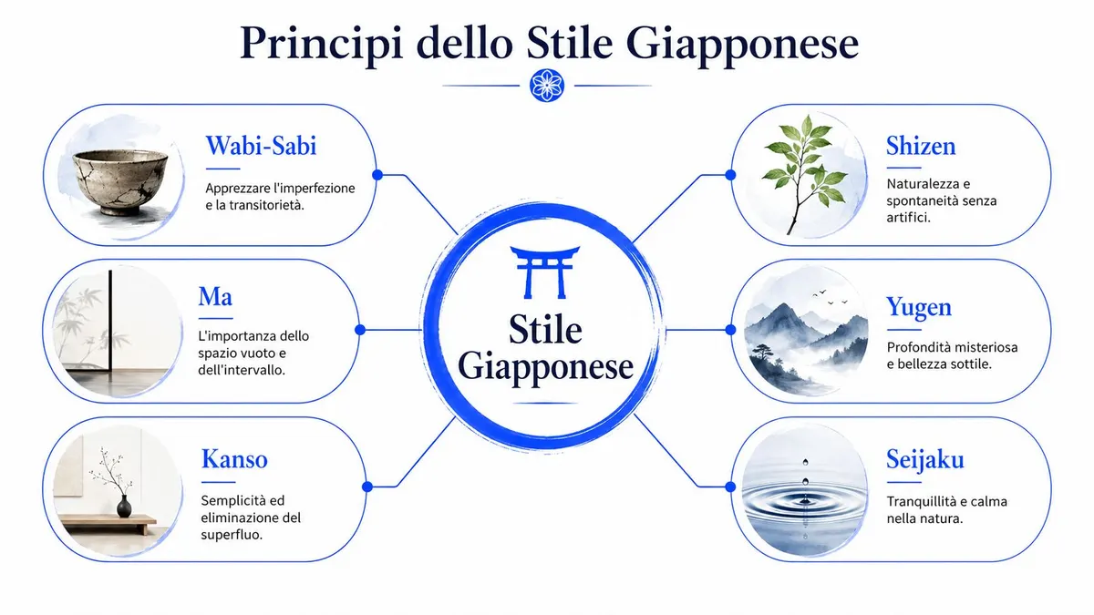 Schema grafico che illustra i sei principi fondamentali dello stile giapponese, tra cui Wabi-Sabi, Ma e Kanso.