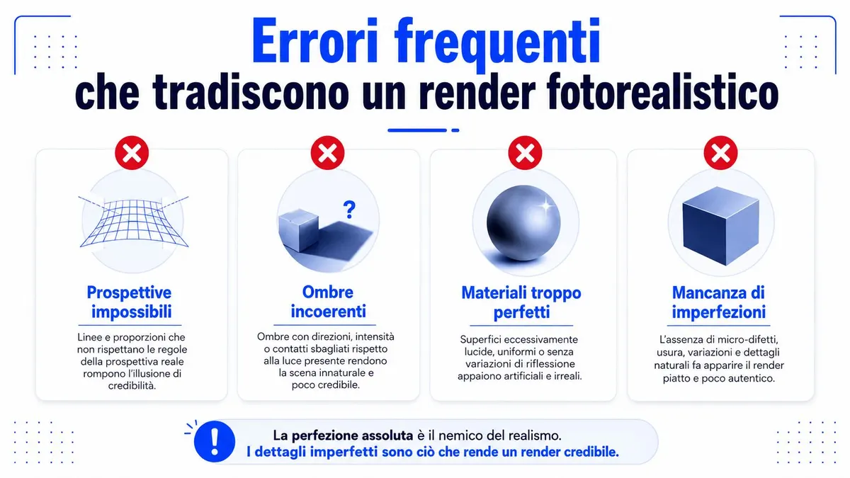 Infografica con errori comuni che rovinano il fotorealismo nei rendering 3D, inclusi prospettive e superfici perfette.