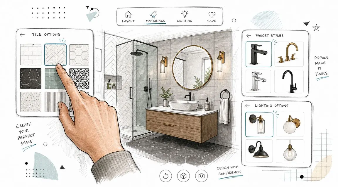 Una mano seleziona opzioni di design per il bagno su un'interfaccia digitale interattiva in stile schizzo.